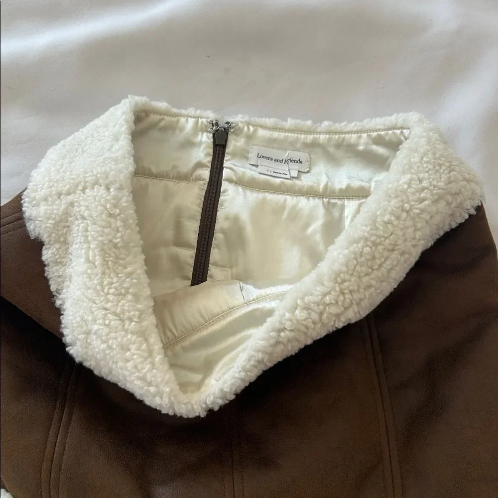 Lovers + Friends Brown Faux Leather Mini Skirt with Cream Sherpa Trim size small